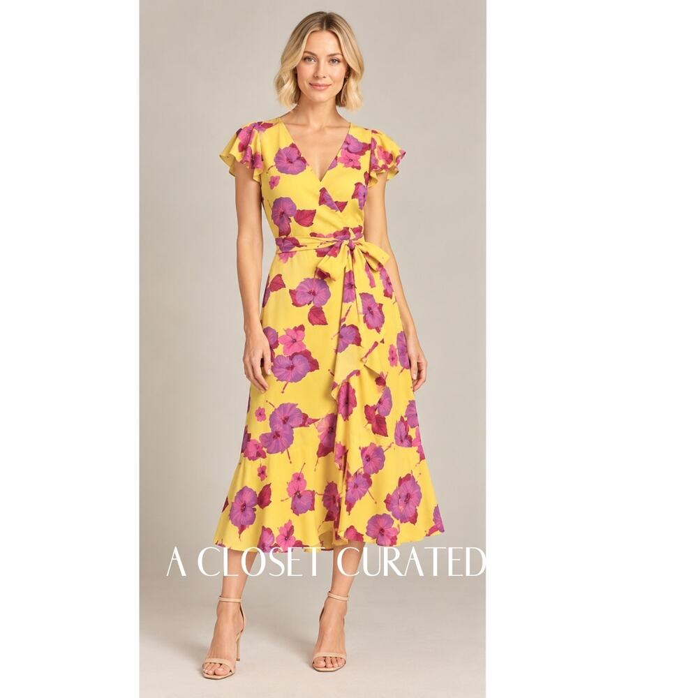 Borgo De Nor Almeda Floral Wrap Midi Dress 4 Yellow NEW